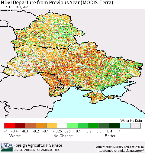 Ukraine, Moldova and Belarus NDVI Departure from Previous Year (Terra-MODIS) Thematic Map For 6/1/2020 - 6/10/2020