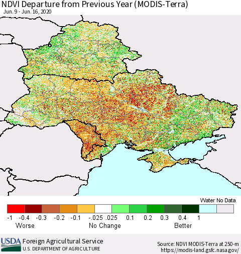 Ukraine, Moldova and Belarus NDVI Departure from Previous Year (Terra-MODIS) Thematic Map For 6/11/2020 - 6/20/2020