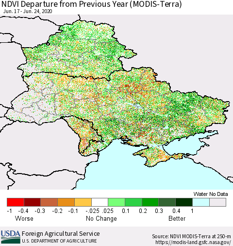 Ukraine, Moldova and Belarus NDVI Departure from Previous Year (Terra-MODIS) Thematic Map For 6/21/2020 - 6/30/2020