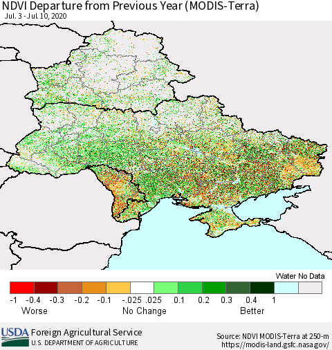 Ukraine, Moldova and Belarus NDVI Departure from Previous Year (Terra-MODIS) Thematic Map For 7/1/2020 - 7/10/2020