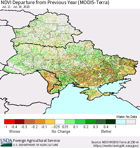 Ukraine, Moldova and Belarus NDVI Departure from Previous Year (Terra-MODIS) Thematic Map For 7/11/2020 - 7/20/2020