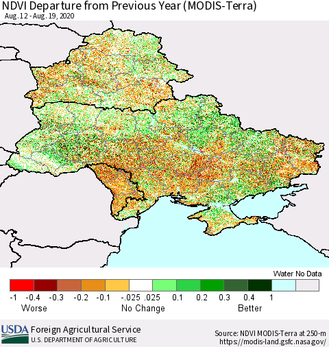 Ukraine, Moldova and Belarus NDVI Departure from Previous Year (Terra-MODIS) Thematic Map For 8/11/2020 - 8/20/2020