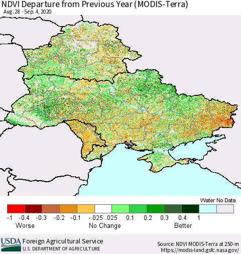 Ukraine, Moldova and Belarus NDVI Departure from Previous Year (Terra-MODIS) Thematic Map For 9/1/2020 - 9/10/2020