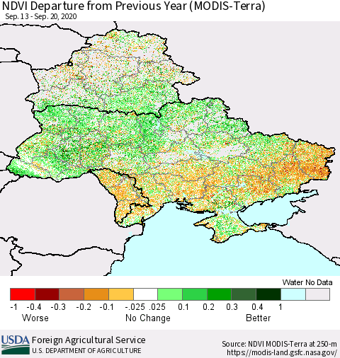 Ukraine, Moldova and Belarus NDVI Departure from Previous Year (Terra-MODIS) Thematic Map For 9/11/2020 - 9/20/2020
