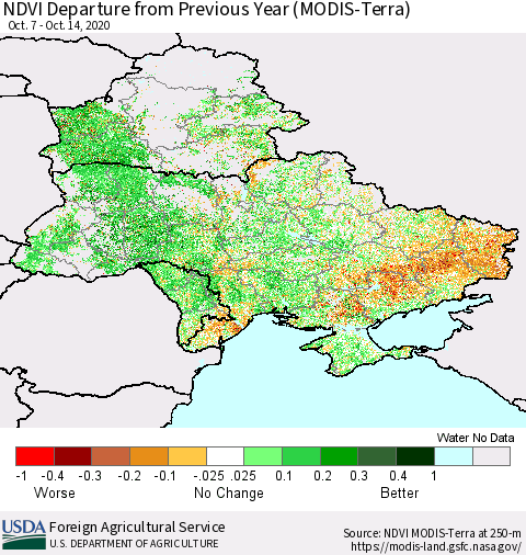 Ukraine, Moldova and Belarus NDVI Departure from Previous Year (Terra-MODIS) Thematic Map For 10/11/2020 - 10/20/2020