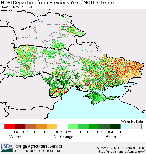 Ukraine, Moldova and Belarus NDVI Departure from Previous Year (Terra-MODIS) Thematic Map For 11/11/2020 - 11/20/2020