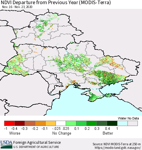 Ukraine, Moldova and Belarus NDVI Departure from Previous Year (Terra-MODIS) Thematic Map For 11/21/2020 - 11/30/2020