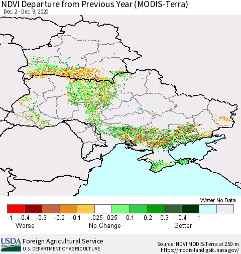 Ukraine, Moldova and Belarus NDVI Departure from Previous Year (Terra-MODIS) Thematic Map For 12/1/2020 - 12/10/2020