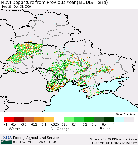 Ukraine, Moldova and Belarus NDVI Departure from Previous Year (Terra-MODIS) Thematic Map For 12/21/2020 - 12/31/2020