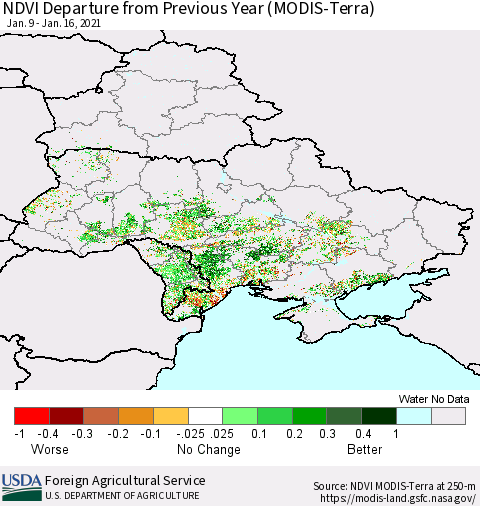 Ukraine, Moldova and Belarus NDVI Departure from Previous Year (Terra-MODIS) Thematic Map For 1/11/2021 - 1/20/2021