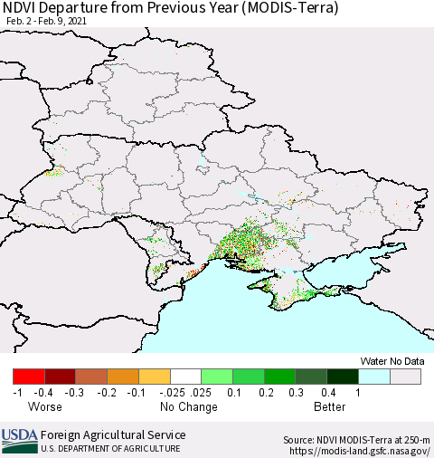 Ukraine, Moldova and Belarus NDVI Departure from Previous Year (Terra-MODIS) Thematic Map For 2/1/2021 - 2/10/2021