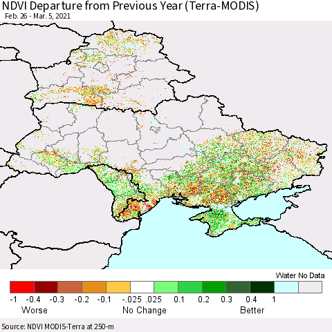Ukraine, Moldova and Belarus NDVI Departure from Previous Year (Terra-MODIS) Thematic Map For 2/26/2021 - 3/5/2021