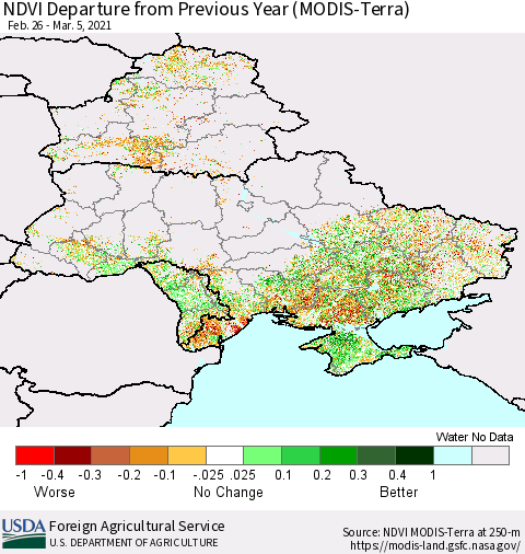 Ukraine, Moldova and Belarus NDVI Departure from Previous Year (Terra-MODIS) Thematic Map For 3/1/2021 - 3/10/2021