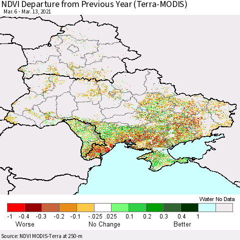 Ukraine, Moldova and Belarus NDVI Departure from Previous Year (Terra-MODIS) Thematic Map For 3/6/2021 - 3/13/2021