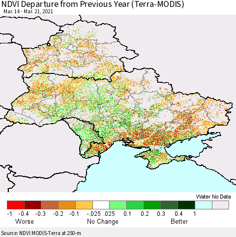 Ukraine, Moldova and Belarus NDVI Departure from Previous Year (Terra-MODIS) Thematic Map For 3/14/2021 - 3/21/2021