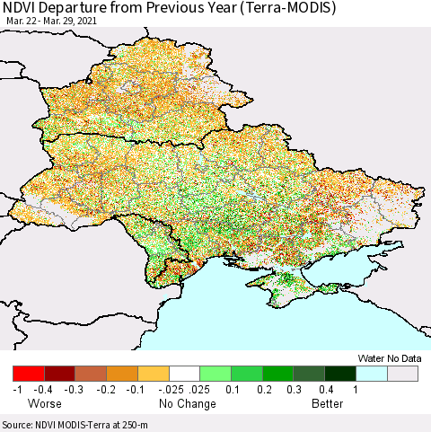 Ukraine, Moldova and Belarus NDVI Departure from Previous Year (Terra-MODIS) Thematic Map For 3/22/2021 - 3/29/2021
