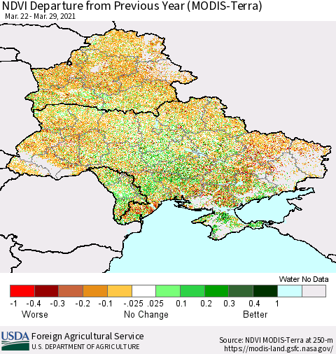 Ukraine, Moldova and Belarus NDVI Departure from Previous Year (Terra-MODIS) Thematic Map For 3/21/2021 - 3/31/2021