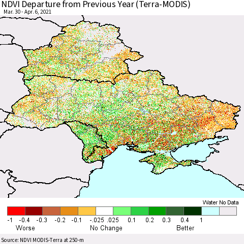 Ukraine, Moldova and Belarus NDVI Departure from Previous Year (Terra-MODIS) Thematic Map For 3/30/2021 - 4/6/2021