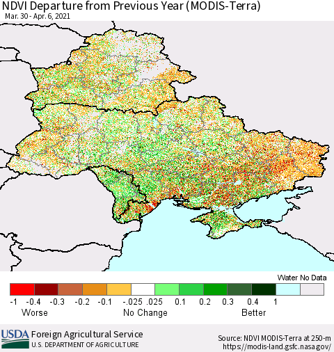 Ukraine, Moldova and Belarus NDVI Departure from Previous Year (Terra-MODIS) Thematic Map For 4/1/2021 - 4/10/2021
