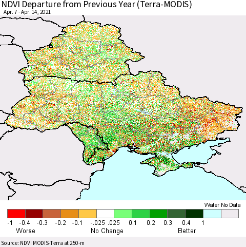 Ukraine, Moldova and Belarus NDVI Departure from Previous Year (Terra-MODIS) Thematic Map For 4/7/2021 - 4/14/2021