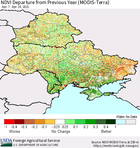 Ukraine, Moldova and Belarus NDVI Departure from Previous Year (Terra-MODIS) Thematic Map For 4/11/2021 - 4/20/2021