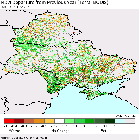 Ukraine, Moldova and Belarus NDVI Departure from Previous Year (Terra-MODIS) Thematic Map For 4/15/2021 - 4/22/2021