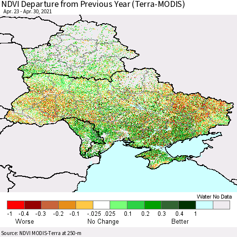 Ukraine, Moldova and Belarus NDVI Departure from Previous Year (Terra-MODIS) Thematic Map For 4/21/2021 - 4/30/2021