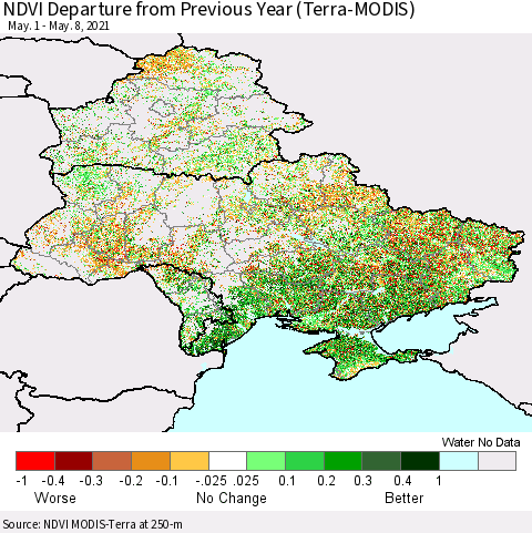 Ukraine, Moldova and Belarus NDVI Departure from Previous Year (Terra-MODIS) Thematic Map For 5/1/2021 - 5/8/2021