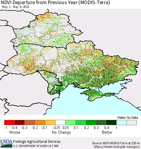 Ukraine, Moldova and Belarus NDVI Departure from Previous Year (Terra-MODIS) Thematic Map For 5/1/2021 - 5/10/2021
