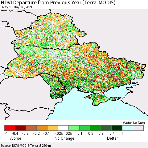 Ukraine, Moldova and Belarus NDVI Departure from Previous Year (Terra-MODIS) Thematic Map For 5/9/2021 - 5/16/2021
