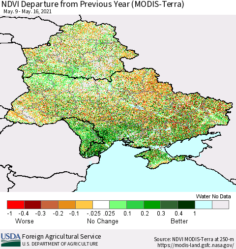 Ukraine, Moldova and Belarus NDVI Departure from Previous Year (Terra-MODIS) Thematic Map For 5/11/2021 - 5/20/2021