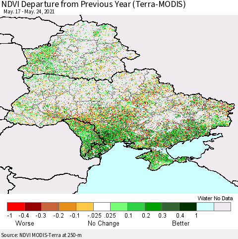 Ukraine, Moldova and Belarus NDVI Departure from Previous Year (Terra-MODIS) Thematic Map For 5/17/2021 - 5/24/2021