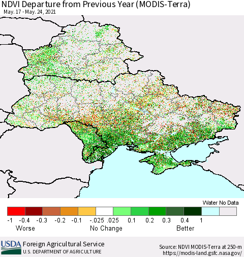 Ukraine, Moldova and Belarus NDVI Departure from Previous Year (Terra-MODIS) Thematic Map For 5/21/2021 - 5/31/2021