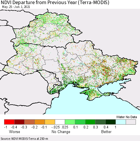 Ukraine, Moldova and Belarus NDVI Departure from Previous Year (Terra-MODIS) Thematic Map For 5/25/2021 - 6/1/2021