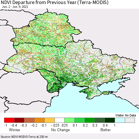 Ukraine, Moldova and Belarus NDVI Departure from Previous Year (Terra-MODIS) Thematic Map For 6/2/2021 - 6/9/2021