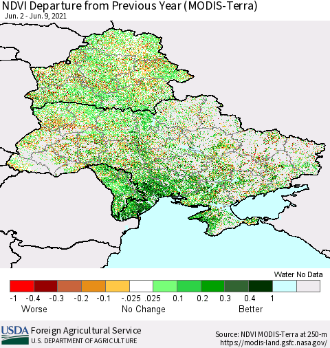 Ukraine, Moldova and Belarus NDVI Departure from Previous Year (Terra-MODIS) Thematic Map For 6/1/2021 - 6/10/2021