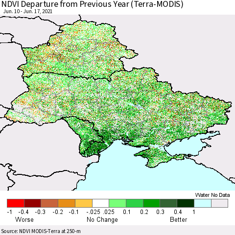 Ukraine, Moldova and Belarus NDVI Departure from Previous Year (Terra-MODIS) Thematic Map For 6/10/2021 - 6/17/2021