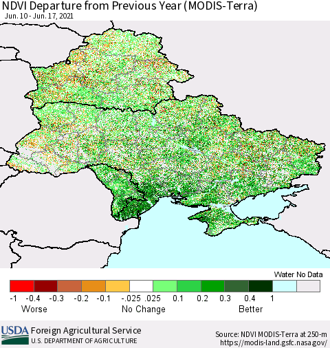 Ukraine, Moldova and Belarus NDVI Departure from Previous Year (Terra-MODIS) Thematic Map For 6/11/2021 - 6/20/2021
