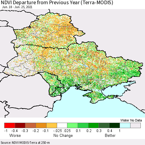 Ukraine, Moldova and Belarus NDVI Departure from Previous Year (Terra-MODIS) Thematic Map For 6/18/2021 - 6/25/2021