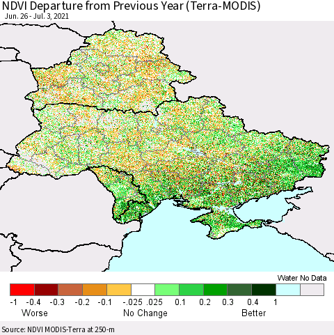 Ukraine, Moldova and Belarus NDVI Departure from Previous Year (Terra-MODIS) Thematic Map For 6/26/2021 - 7/3/2021