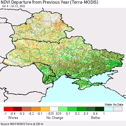 Ukraine, Moldova and Belarus NDVI Departure from Previous Year (Terra-MODIS) Thematic Map For 7/4/2021 - 7/11/2021
