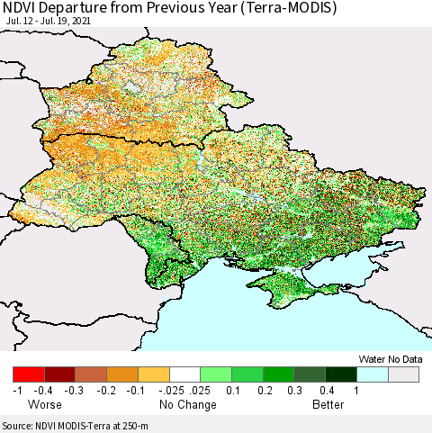 Ukraine, Moldova and Belarus NDVI Departure from Previous Year (Terra-MODIS) Thematic Map For 7/12/2021 - 7/19/2021