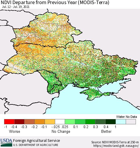 Ukraine, Moldova and Belarus NDVI Departure from Previous Year (Terra-MODIS) Thematic Map For 7/11/2021 - 7/20/2021