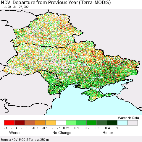 Ukraine, Moldova and Belarus NDVI Departure from Previous Year (Terra-MODIS) Thematic Map For 7/20/2021 - 7/27/2021