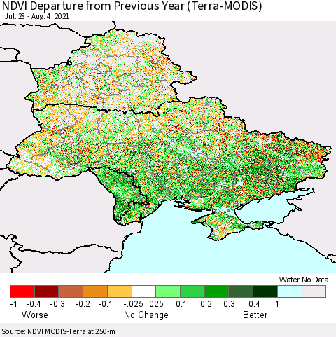 Ukraine, Moldova and Belarus NDVI Departure from Previous Year (Terra-MODIS) Thematic Map For 7/28/2021 - 8/4/2021
