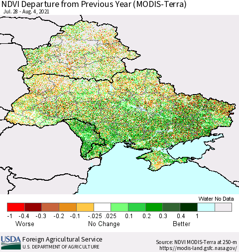 Ukraine, Moldova and Belarus NDVI Departure from Previous Year (Terra-MODIS) Thematic Map For 8/1/2021 - 8/10/2021