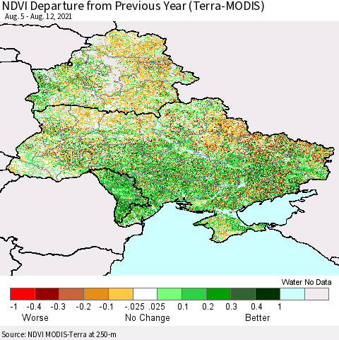 Ukraine, Moldova and Belarus NDVI Departure from Previous Year (Terra-MODIS) Thematic Map For 8/5/2021 - 8/12/2021