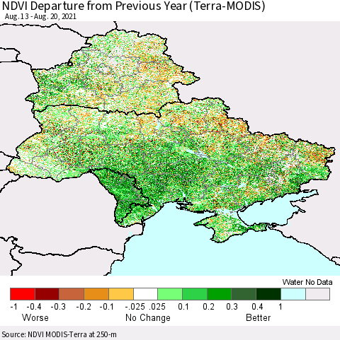 Ukraine, Moldova and Belarus NDVI Departure from Previous Year (Terra-MODIS) Thematic Map For 8/11/2021 - 8/20/2021
