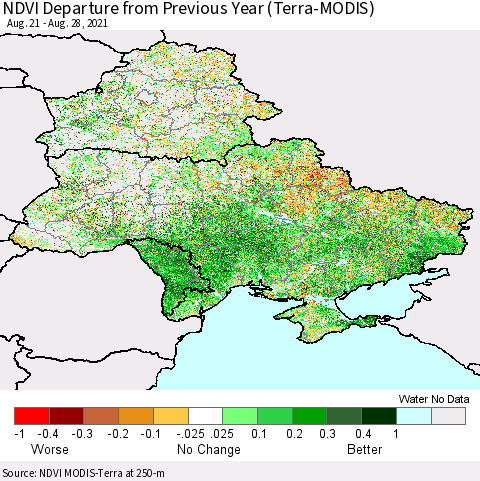 Ukraine, Moldova and Belarus NDVI Departure from Previous Year (Terra-MODIS) Thematic Map For 8/21/2021 - 8/28/2021