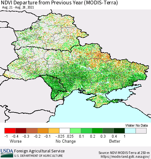 Ukraine, Moldova and Belarus NDVI Departure from Previous Year (Terra-MODIS) Thematic Map For 8/21/2021 - 8/31/2021